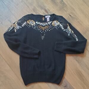Vintage 80s Fuzzy Silk Angora Wool Batwing Embellished Sweater Sz M Spice It Up